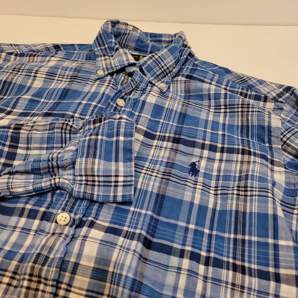 Ralph Lauren Button Down Shirt Mens Medium Blue Plaid Excellent Long Sleeve Pony